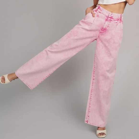 NWT Avec Les Filles Pink Acid Wash Wide Leg Pleated Denim Trouser 28 - Picture 7 of 14